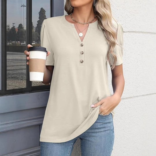 Damen modisches T-Shirt mit Knopfdetail und kurzen Ärmeln EB