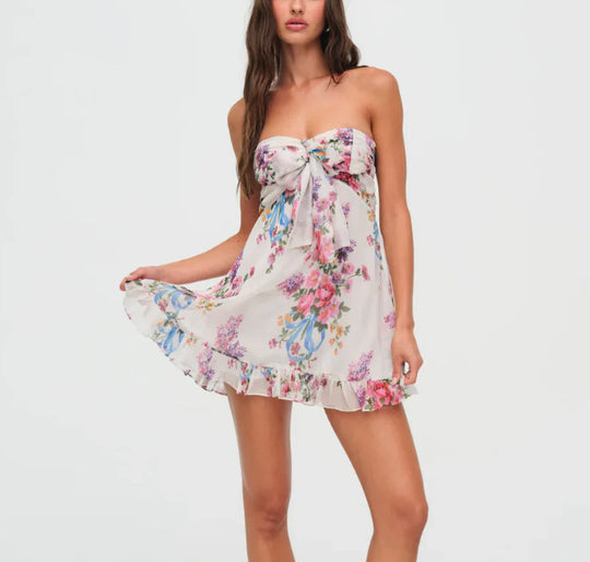Damen nan trägerloses Chiffon-Sommerkleid mit Blumenmuster Bandeau-Oberteil und Volantbesatz EB