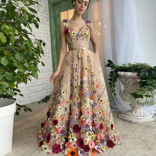 Damen Blumengesticktes Tüllkleid mit Taillengürtel und A-Linien-Silhouette EB