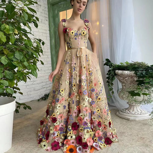 Damen Blumengesticktes Tüllkleid mit Taillengürtel und A-Linien-Silhouette EB