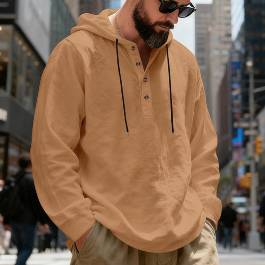 Herren nan legeres Henley-Kapuzenhemd mit Knopfleiste, Kordelzug und gerundetem Saum EB