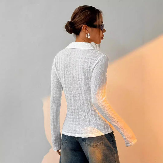 Damen nan Hemdbluse mit Kräuselstruktur, Hemdkragen und taillierter Passform EB