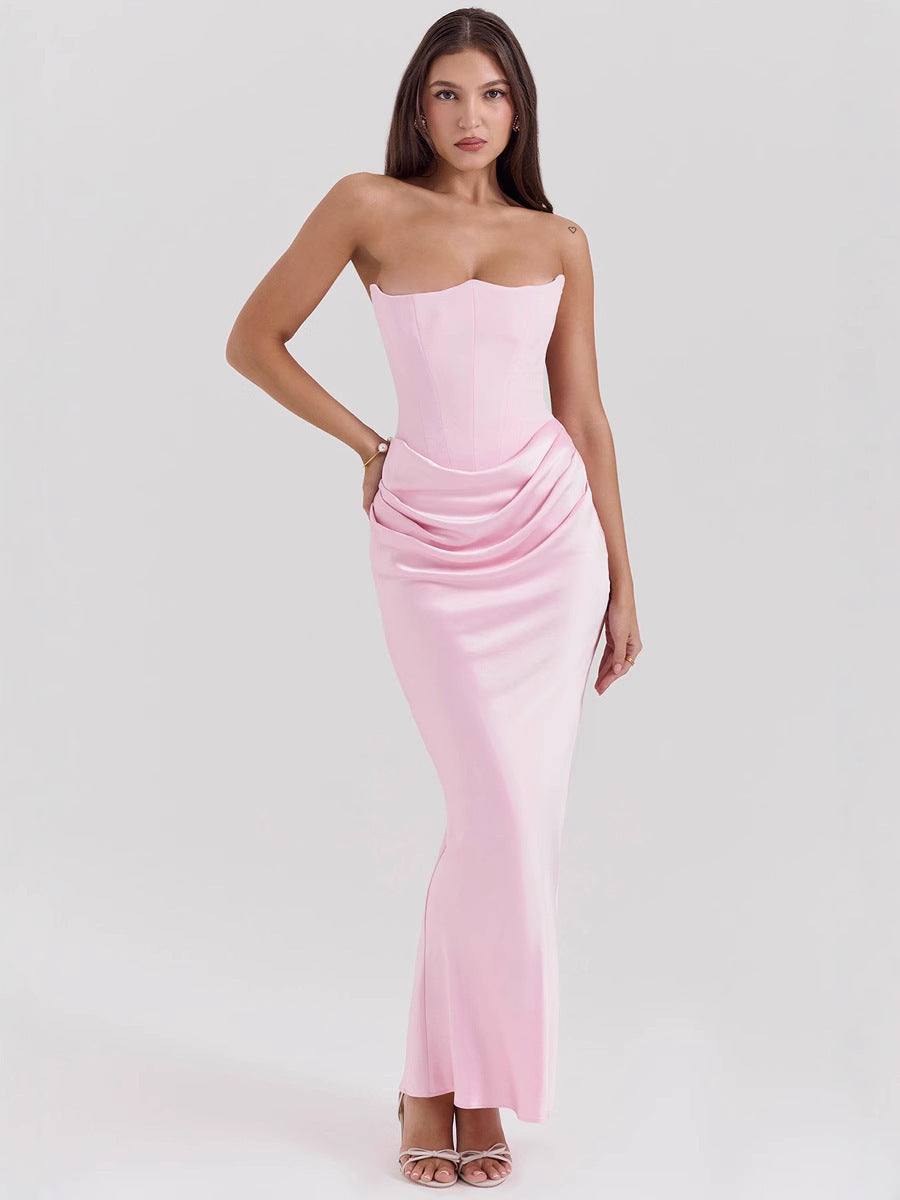 Damen Elegantes bodenlanges Kleid mit schimmerndem Taillenschnitt und gerafftem Rock EB