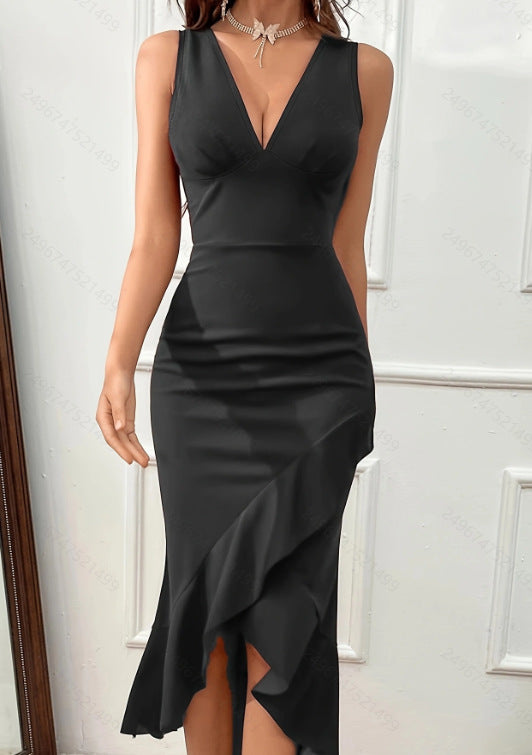 Damen Charmantes Maxikleid mit asymmetrischem Saum und V-Ausschnitt EB
