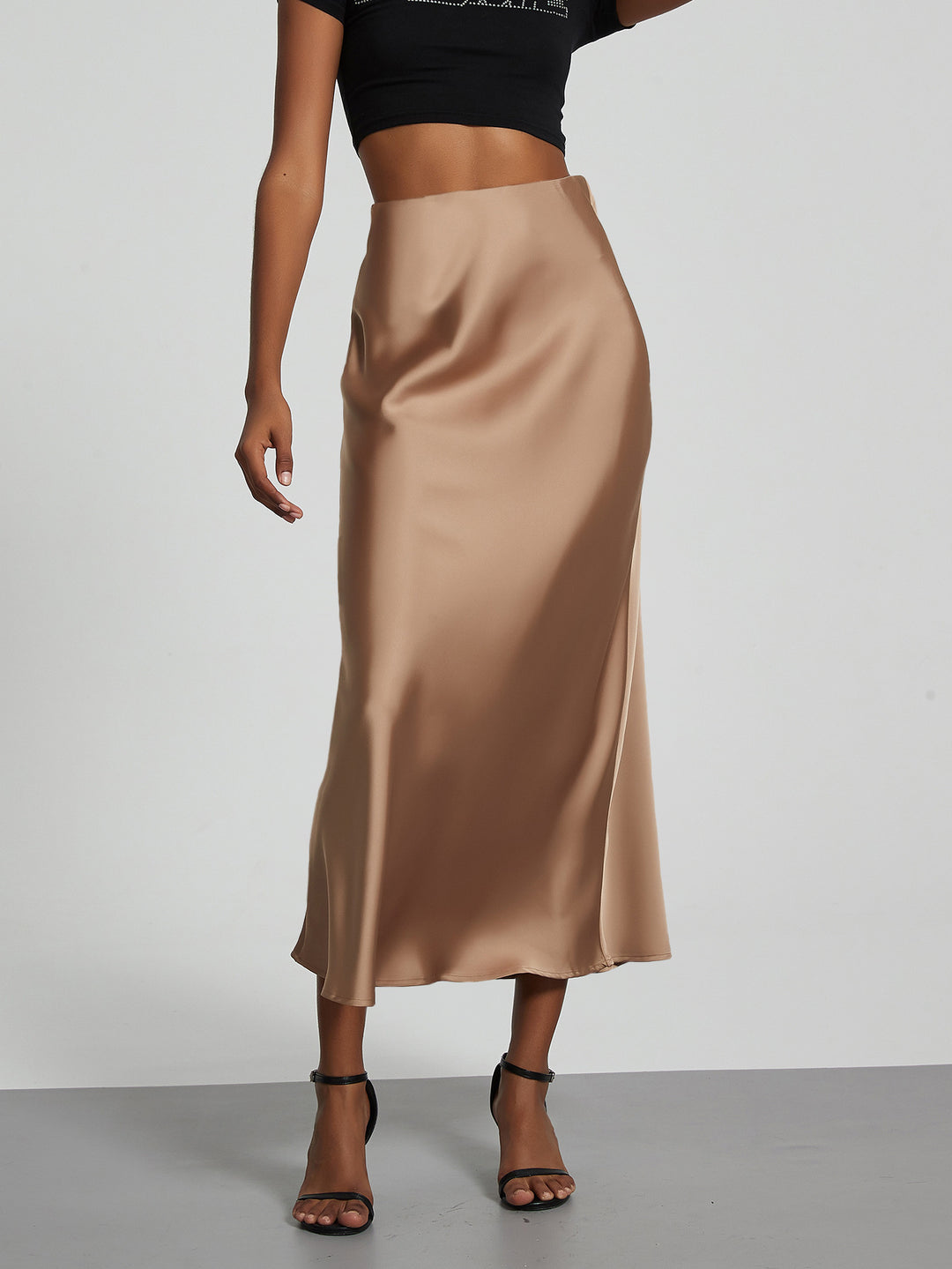 Damen Stilvolle Satin-Stretchrock mit hohem Bund und fließendem Schnitt EB