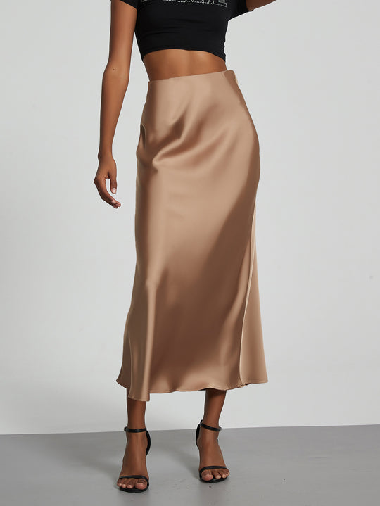 Damen Stilvolle Satin-Stretchrock mit hohem Bund und fließendem Schnitt EB