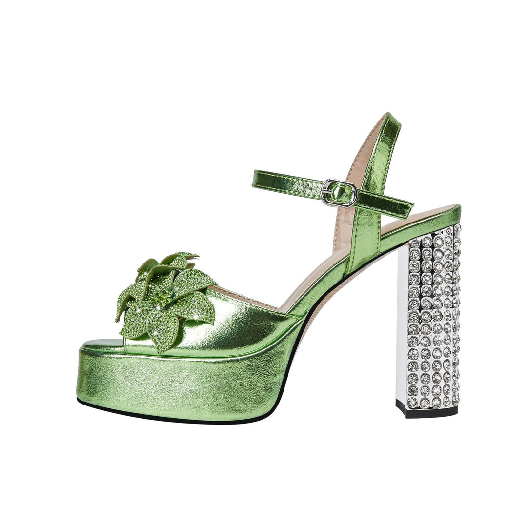 Femme Chunky Platform Sandalen mit dekorativen floralem Akzenten und rhinestone-besetztem Absatz EB