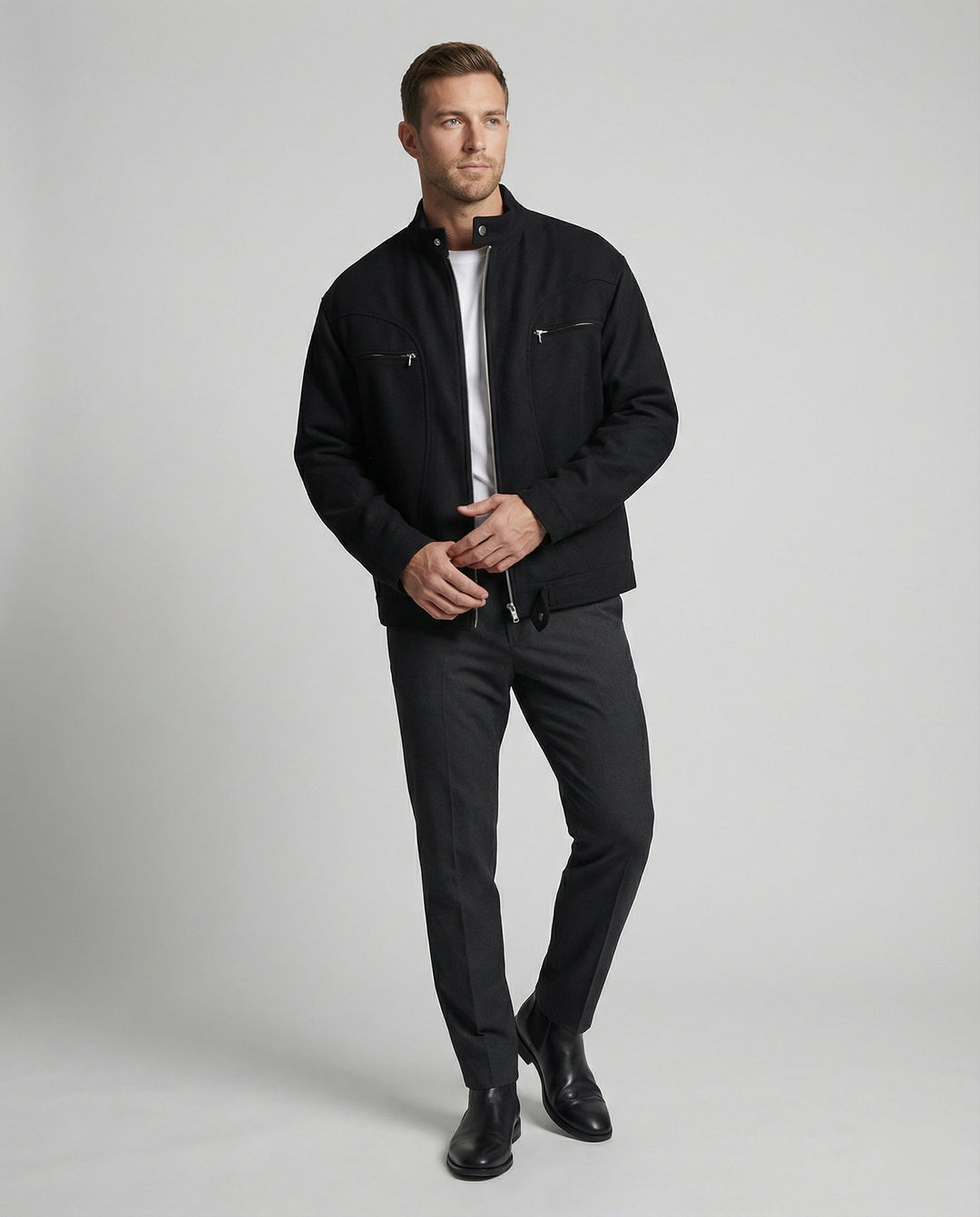 Herren lockere Wolloptik-Blousonjacke mit kurzem Stehkragen durchgehendem Reißverschluss und horizontalen Brusttaschen EB