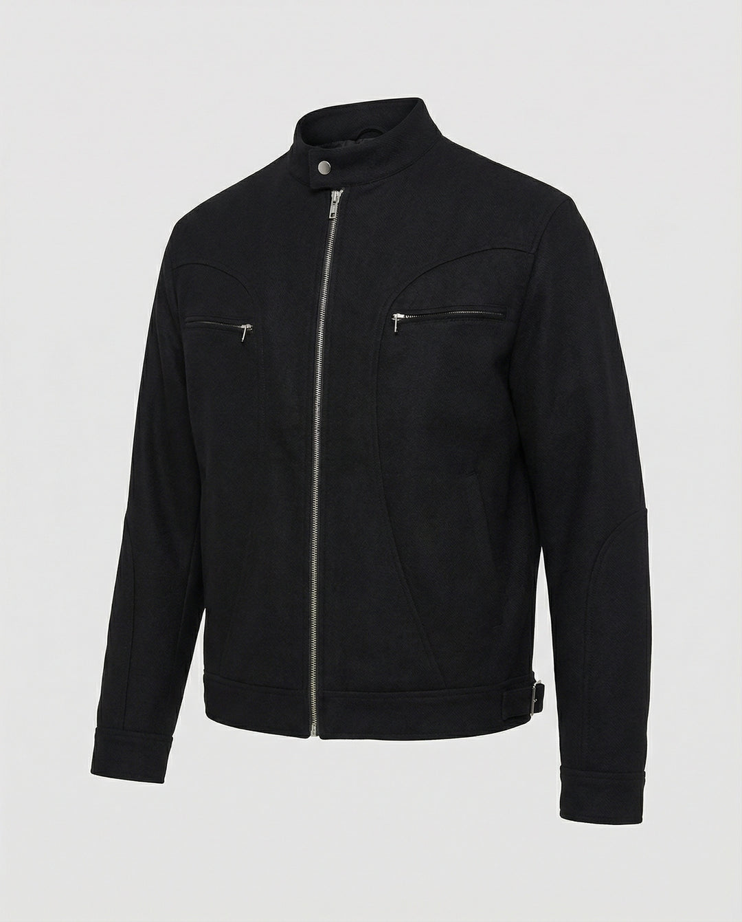 Herren lockere Wolloptik-Blousonjacke mit kurzem Stehkragen durchgehendem Reißverschluss und horizontalen Brusttaschen EB