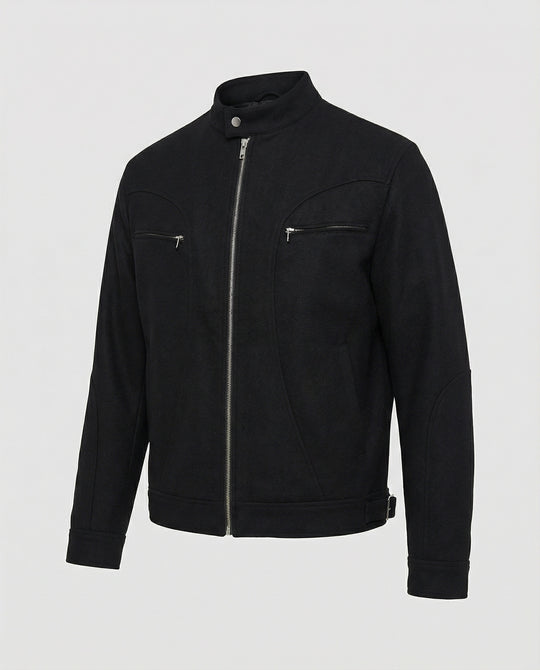 Herren lockere Wolloptik-Blousonjacke mit kurzem Stehkragen durchgehendem Reißverschluss und horizontalen Brusttaschen EB