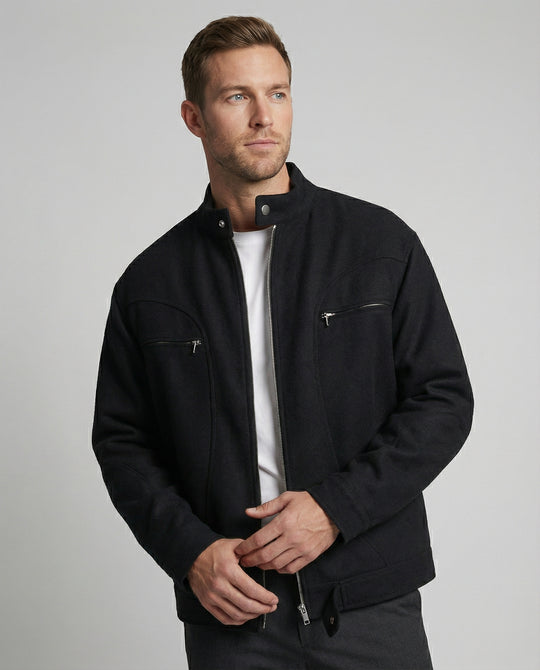 Herren lockere Wolloptik-Blousonjacke mit kurzem Stehkragen durchgehendem Reißverschluss und horizontalen Brusttaschen EB
