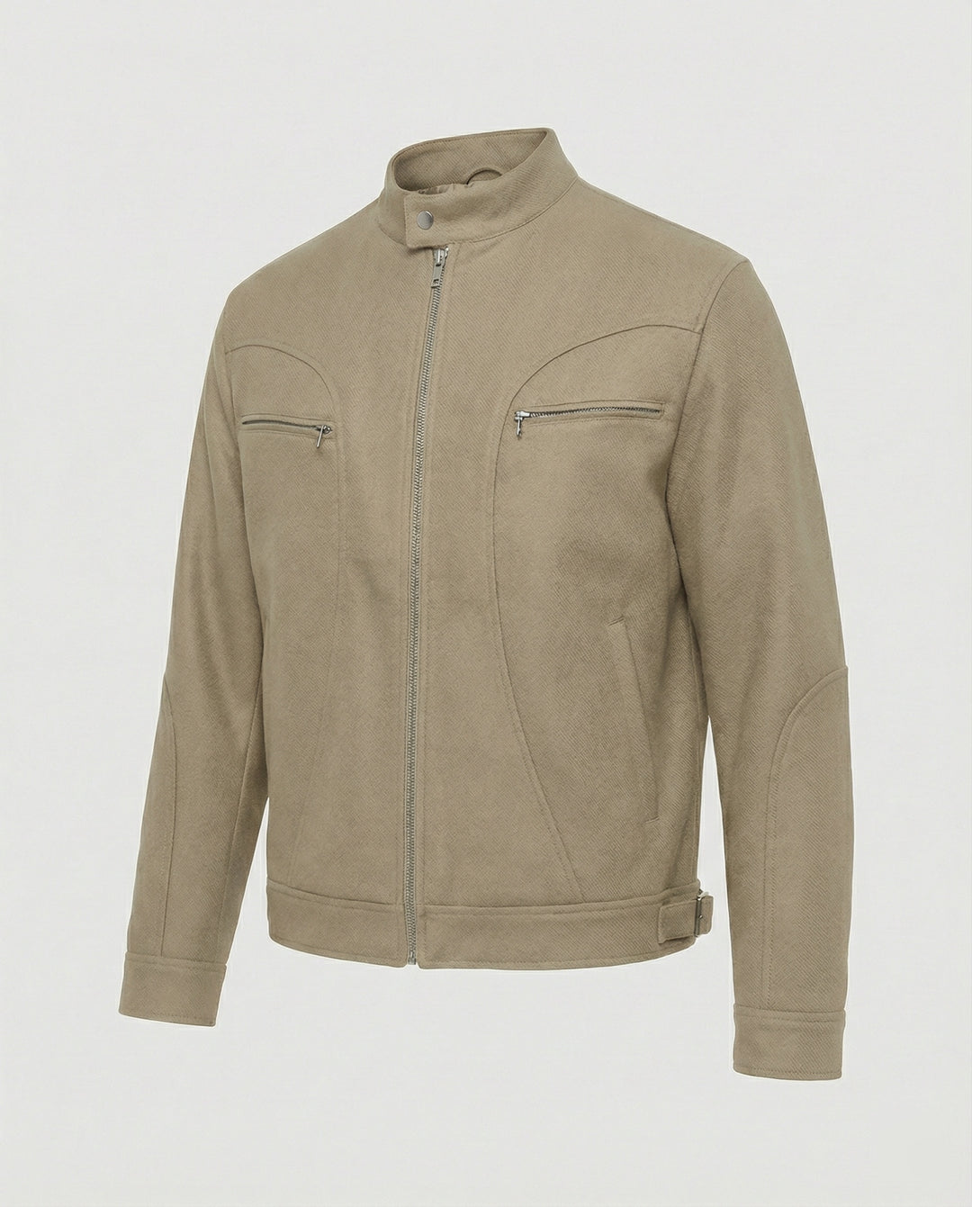 Herren lockere Wolloptik-Blousonjacke mit kurzem Stehkragen durchgehendem Reißverschluss und horizontalen Brusttaschen EB
