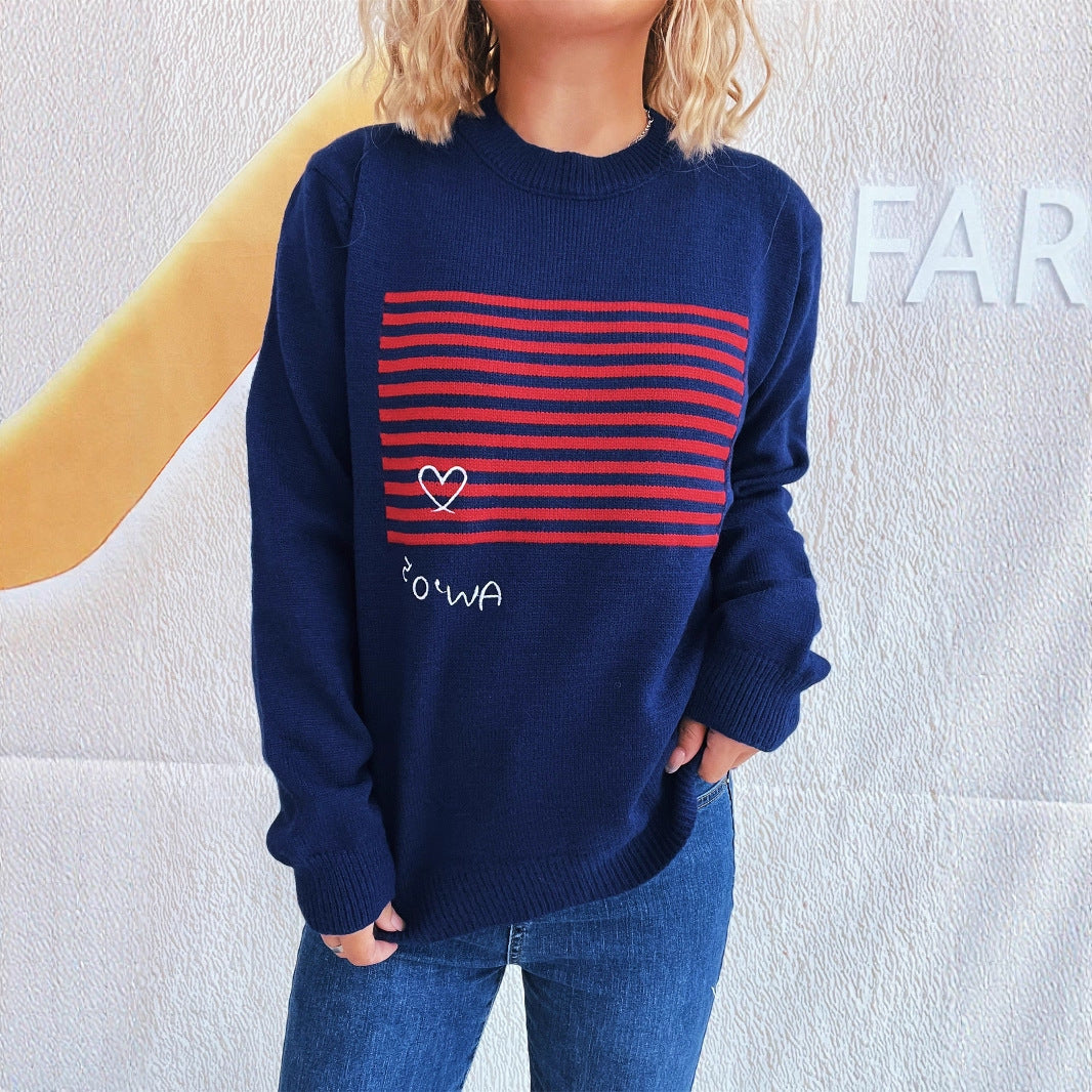 Damen lässiger Pullover mit gestreiftem Design und Herzapplikation EB