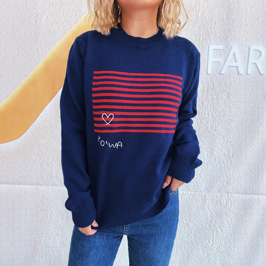 Damen lässiger Pullover mit gestreiftem Design und Herzapplikation EB