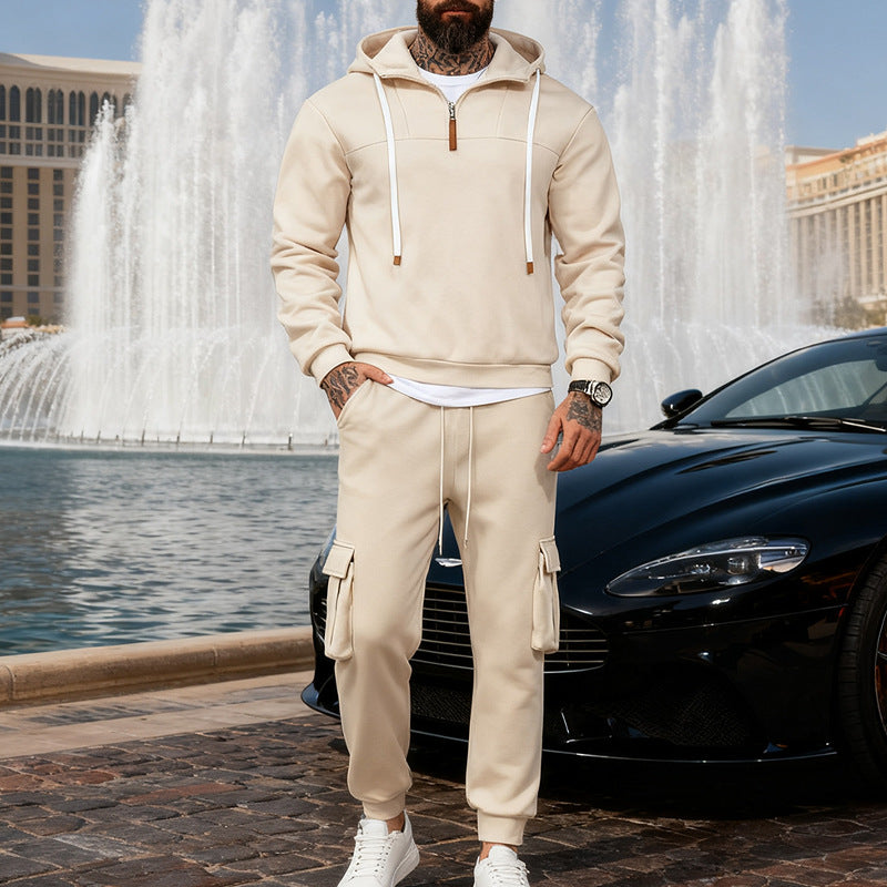 Herren nan lässiger Fleece-Jogginganzug mit halbem Reißverschluss und Cargo-Taschen EB