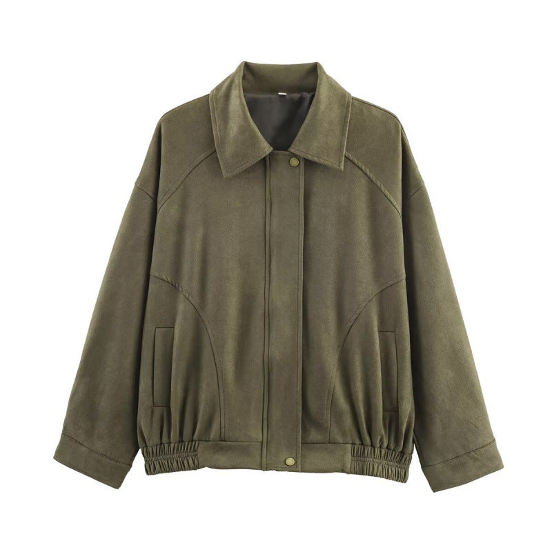Damen Modische Kunstlederjacke mit elastischem Bund und Eingrifftaschen EB