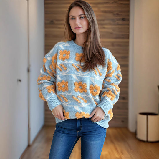Damen Strickpullover mit floralem Muster und lässigem Schnitt EB