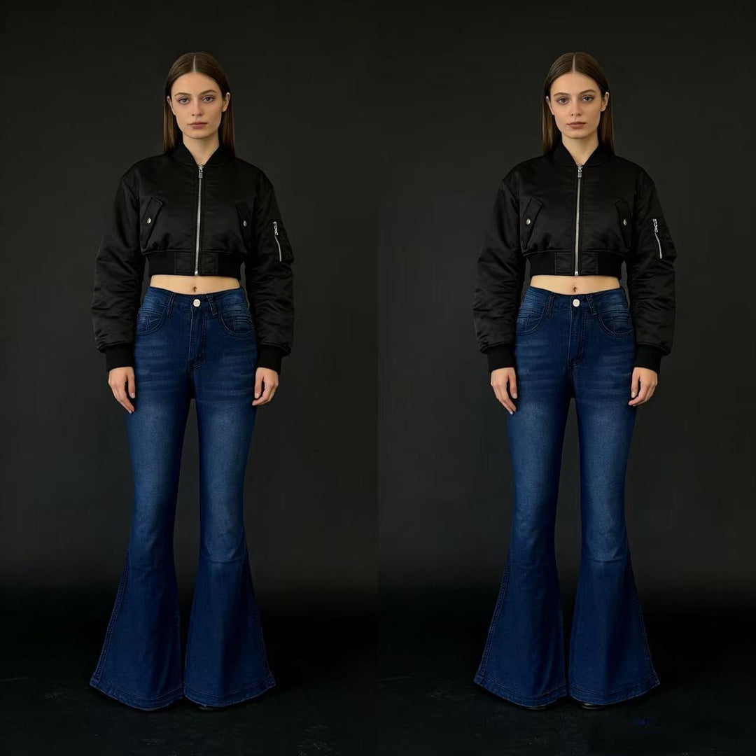 Damen nan High‑Waist Schlagjeans mit modellierender Hüftform, verstärkten Beinnähten und extra weitem Trompetenbein EB