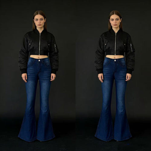 Damen nan High‑Waist Schlagjeans mit modellierender Hüftform, verstärkten Beinnähten und extra weitem Trompetenbein EB
