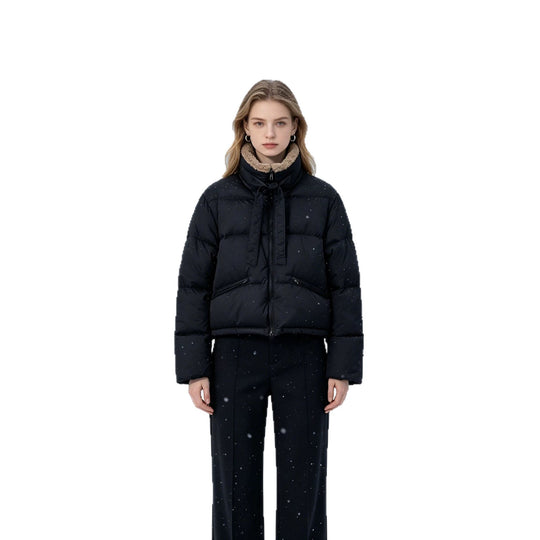 Damen nan cropped wattierte Jacke mit Sherpa-Kragen, hochschließendem Stehkragen und verdecktem Reißverschluss EB