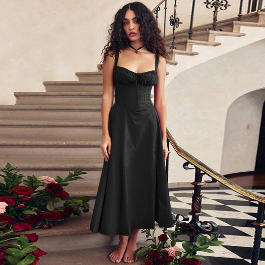 Damen Elegantes Maxikleid mit gerafftem Oberteil und ausgestelltem Rock EB