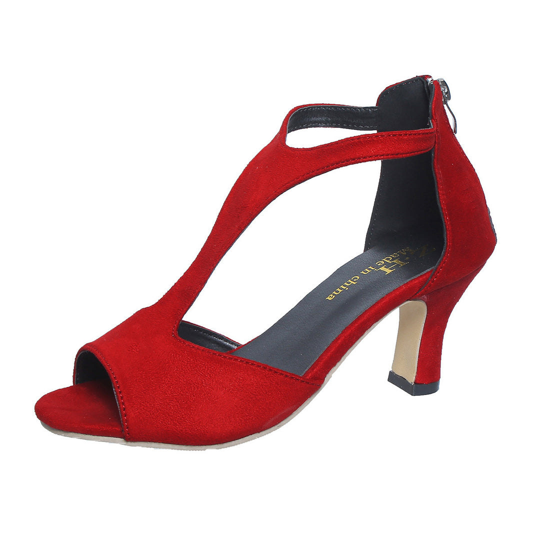 Damen nan elegante T-Riemchen Sandalette mit Fersenreißverschluss und mittelhohem Absatz EB