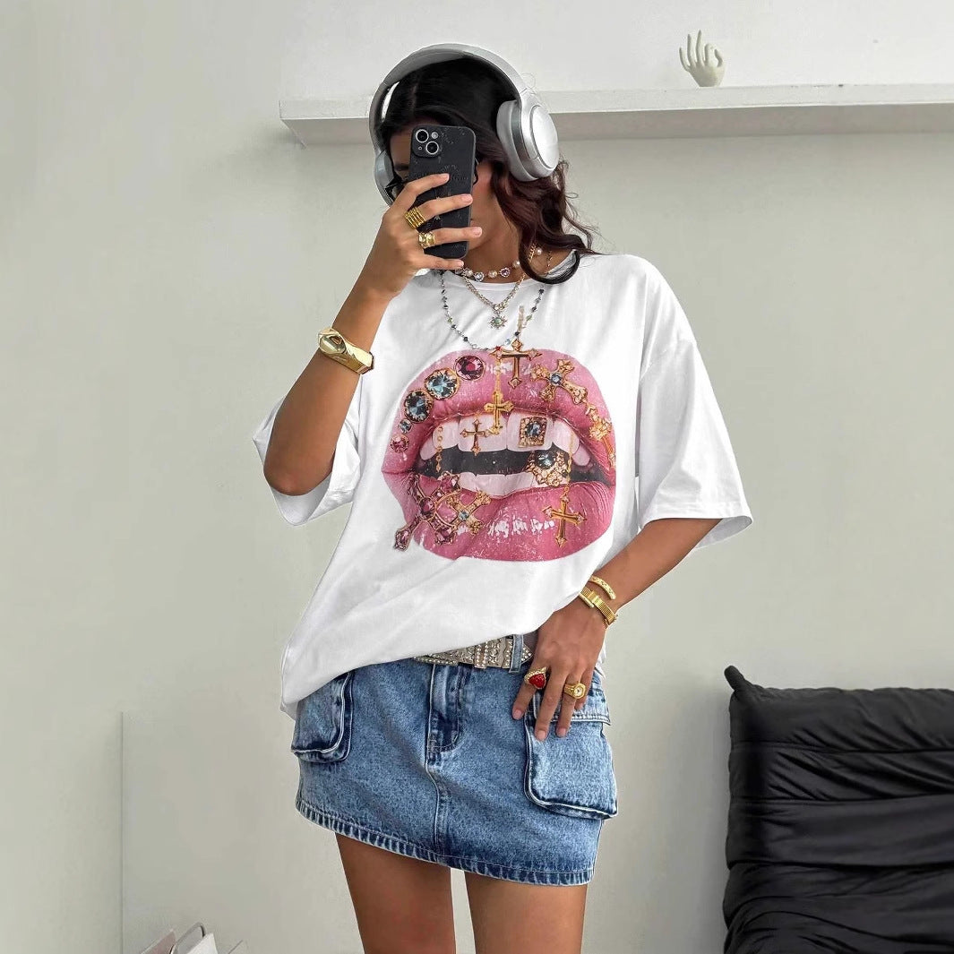 Damen Oversized T-Shirt mit kreativem Lippen- und Schmuckdesign EB