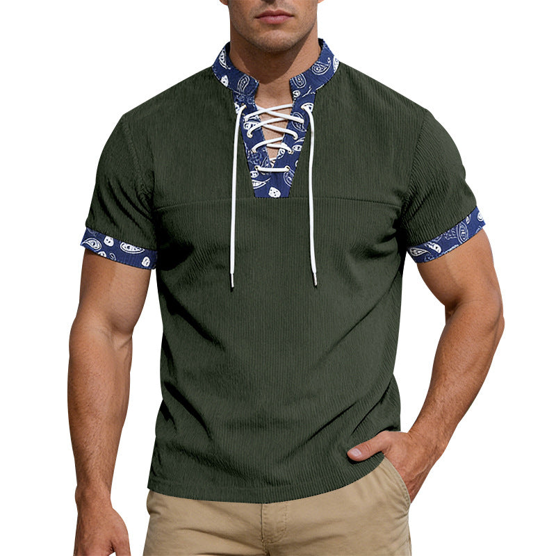 Herren nan Kurzarm-Schnürshirt mit Bandana-Besatz und strukturierter Jerseyqualität EB