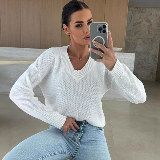 Damen Strickpullover mit tiefem V-Ausschnitt und legerem Schnitt EB