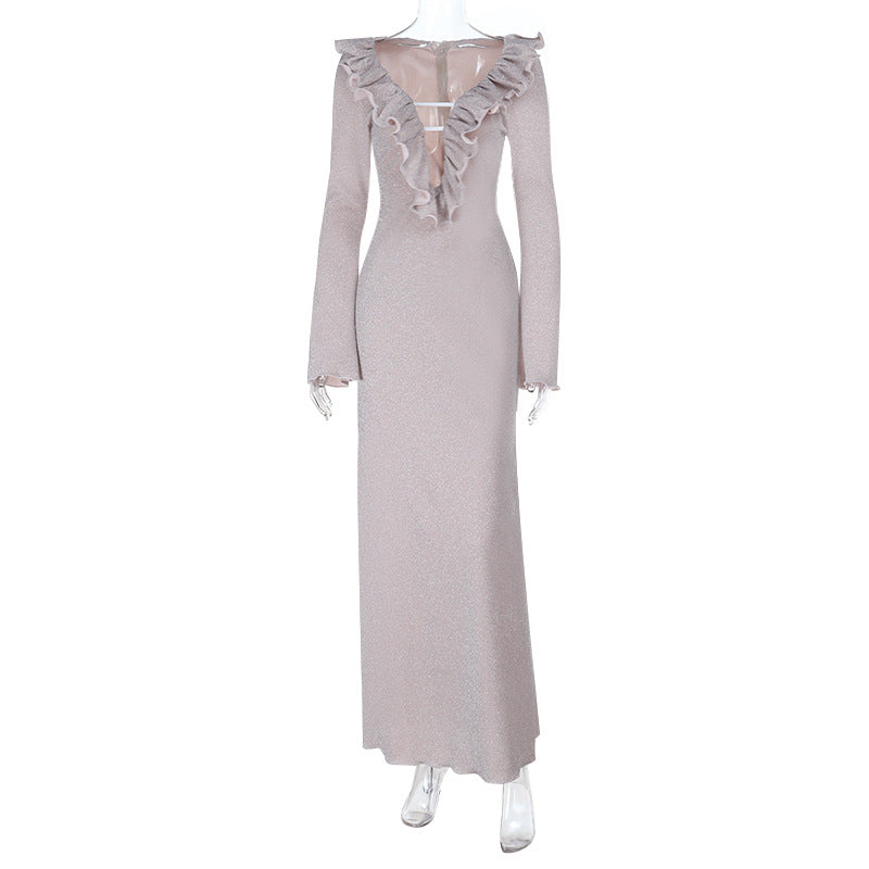 Damen elegantes Maxikleid mit Rüschendetail und transparentem Einsatz EB