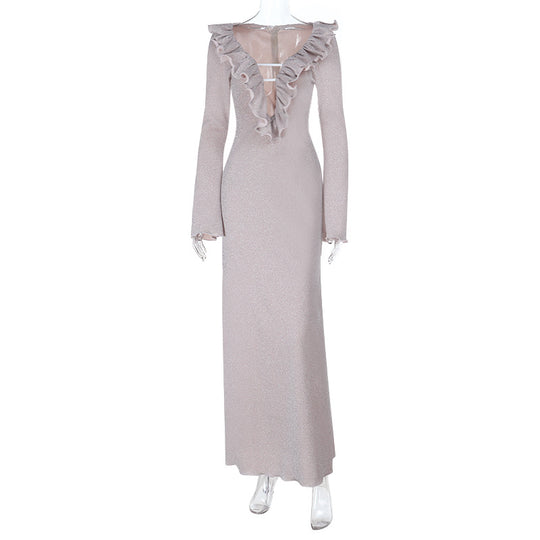 Damen elegantes Maxikleid mit Rüschendetail und transparentem Einsatz EB