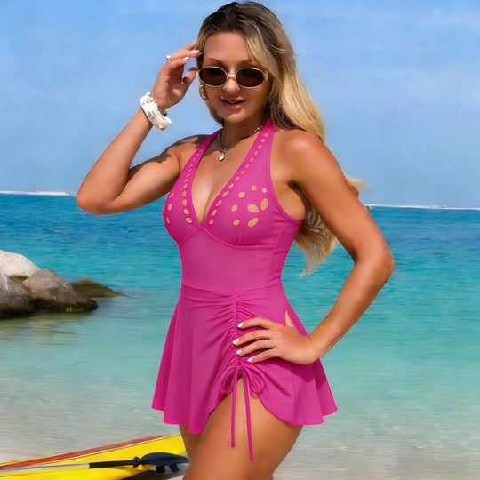 Damen Einteiler Badeanzug mit verstellbarem Wickeldesign und modischem Ausschnitt EB
