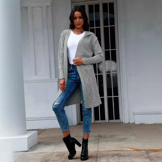 Damen Strickmantel mit Kapuze und dekorativem Zopfdesign EB