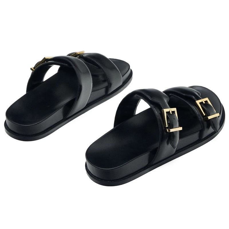 Damen modische Sandalen mit doppeltem Riemendesign und goldenen Schnallen EB