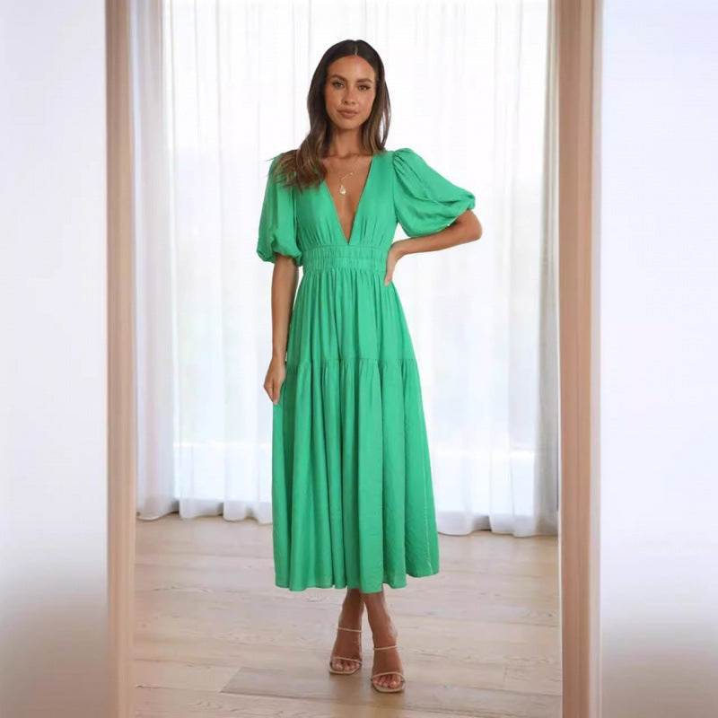 Damen Midi-Kleid mit Puffärmeln und tiefem V-Ausschnitt EB