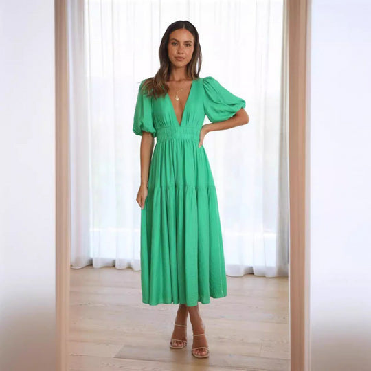 Damen Midi-Kleid mit Puffärmeln und tiefem V-Ausschnitt EB