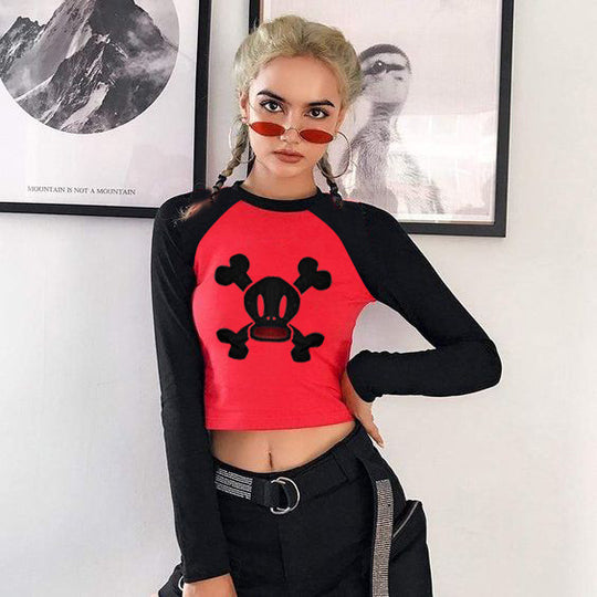 Damen trendiges Raglan-Crop-Top mit Totenkopf-Print EB