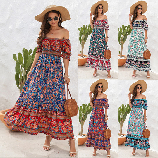 Damen Maxi-Kleid mit schulterfreier Passform und floralen Mustern EB