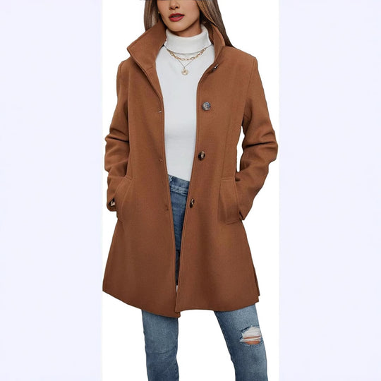 Damen Eleganter Wollmantel mit Hochgeschlossenem Kragen und Praktischen Taschen EB