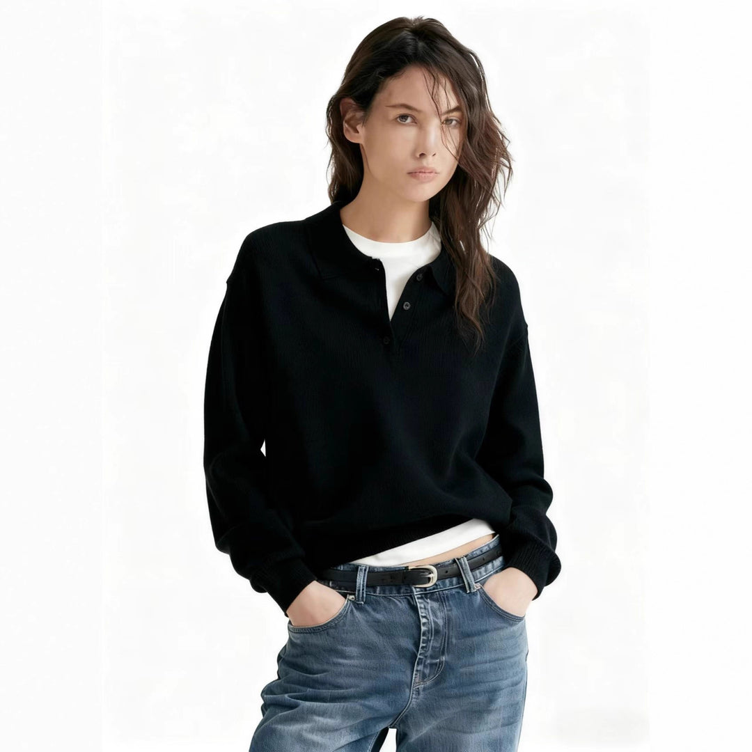 Damen Feinstrick-Polo-Sweater mit Knopfleiste und geripptem Saum EB
