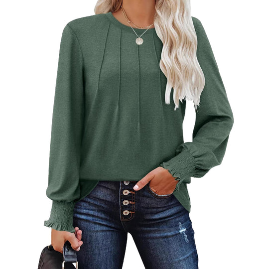 Damen Longsleeve-Tunika mit senkrechten Biesen und gerafften Rüschbündchen EB