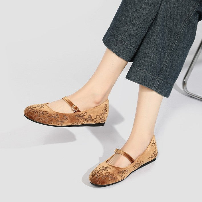 Damen Ballerinas mit dekorativem Blumenmuster und komfortablem Riemendesign EB