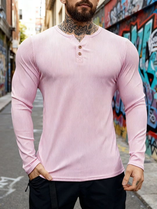 Herren nan geripptes Langarm-Henleyshirt mit flacher Knopfleiste und körperbetonter Stretch-Passform EB