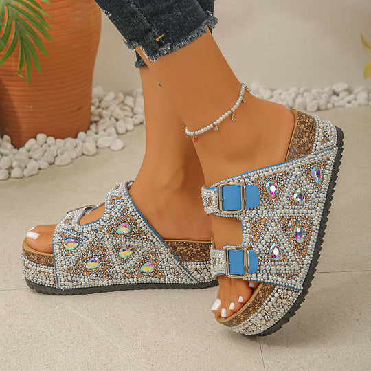 Damen Glamouröse Plateausandalen mit funkelnden Strassdetails und verstellbaren Riemen EB