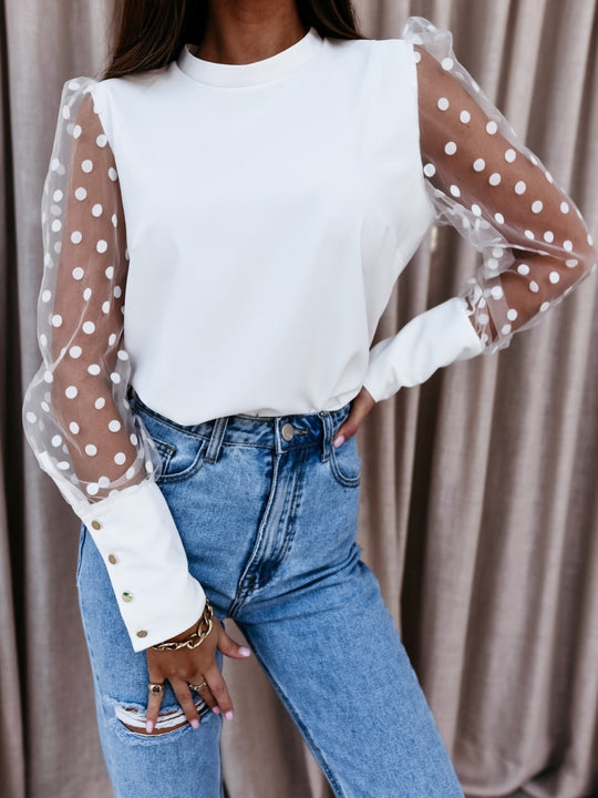 Damen Elegante Bluse mit transparenten Puffärmeln und Punkten EB