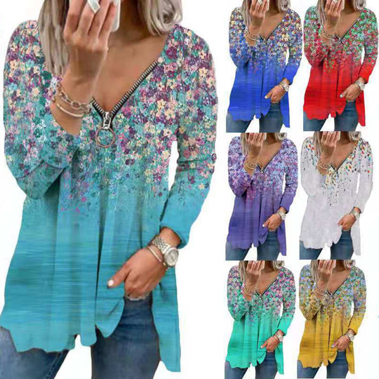 Damen Langarmshirt mit farbenfrohem Blütenmuster und modernem Zipper EB