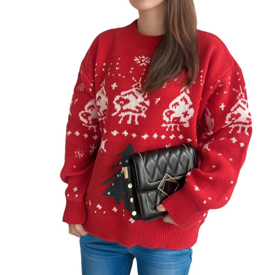 Damen gestrickter Weihnachtspullover mit festlichen Motiven und lässigem Schnitt EB