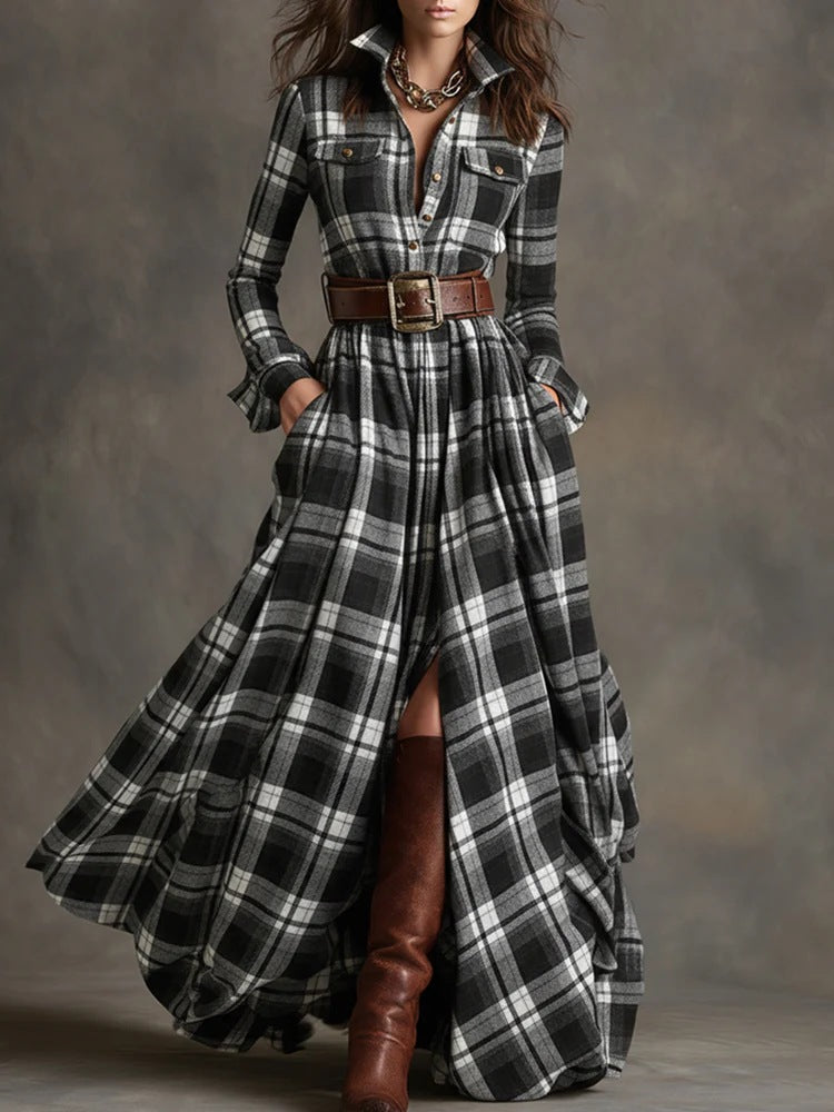 Damen nan karierte Maxikleid Hemdblusenkleid mit ausgestelltem Rock und breitem Taillengürtel EB