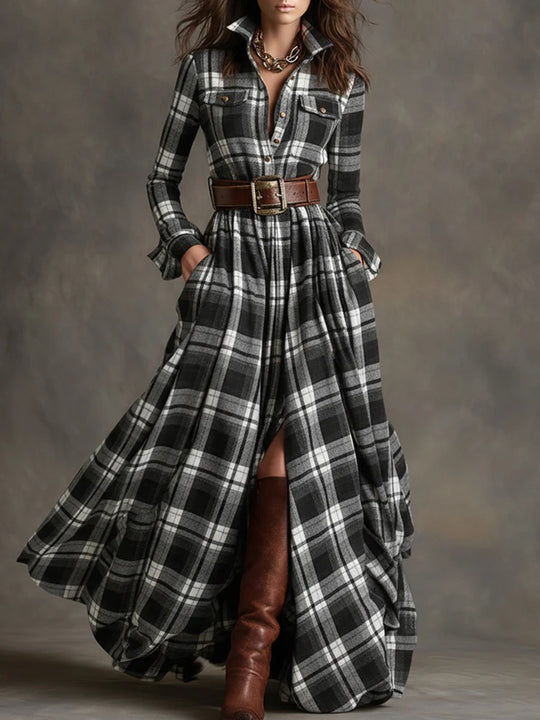 Damen nan karierte Maxikleid Hemdblusenkleid mit ausgestelltem Rock und breitem Taillengürtel EB