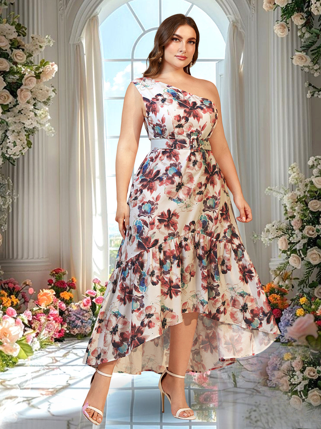 Damen A-Linien Maxikleid mit asymmetrischem Saum und floralem Design EB